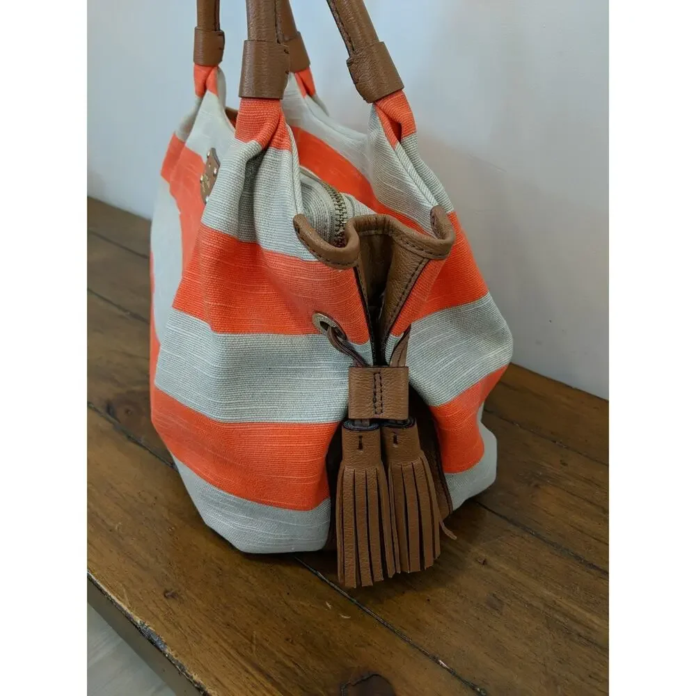 Kate Spade Jubilee Stripe Stevie Shoulder Bag Orange/Khaki Canvas EUC